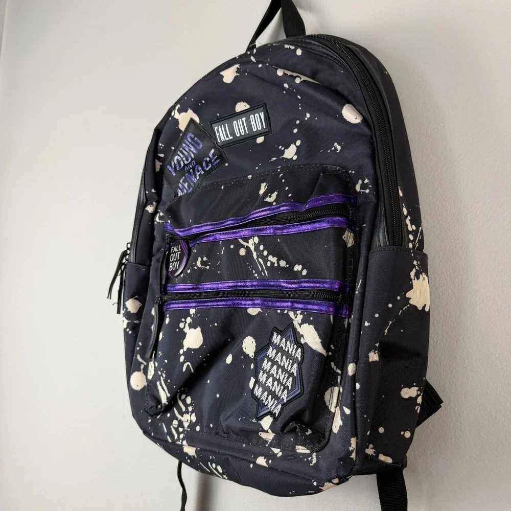Fall Out Boy Backpack Black Paint Splatter Mania Adjustable Straps Young Menace